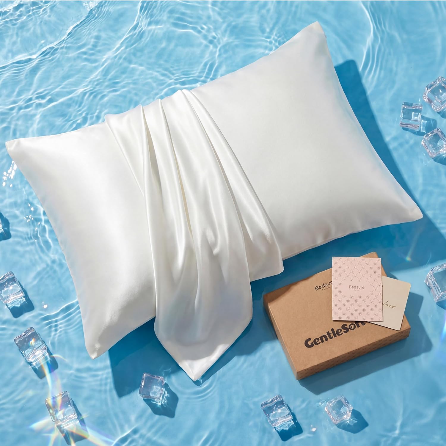 Bedsure Cooling Pillowcase for Hot Sleepers, Silk Like Pillow Case Queen Size Set of 2, Reduce Wrinkles & Frizz-Free Hair, Infused with HA & Ceramides for Skin, Hidden Zipper, Queen, White