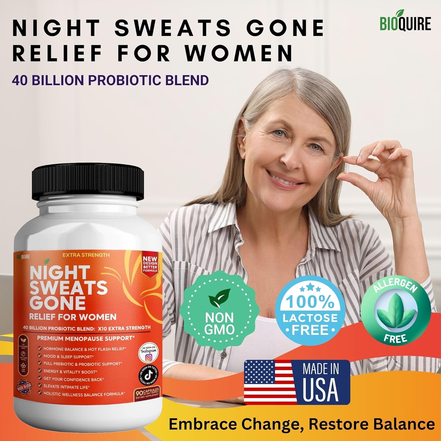 Night Sweats Gone - Menopause Relief for Women | 40 Billion Probiotic Blend | Hot Flash, Mood & Sleep Support | Energy & Vitality Boost | 90 Capsules (1) - Image 6