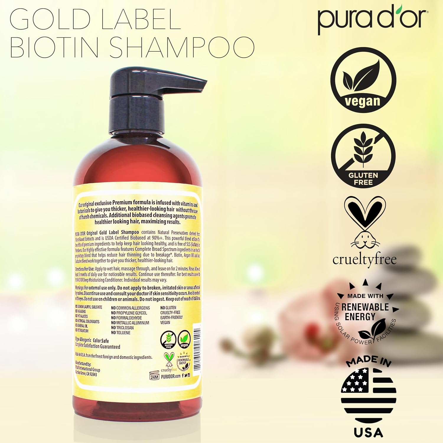 PURA D'OR Original Gold Label Anti-Thinning Shampoo - CLINICALLY TESTED - Biotin & Argan Oil – Sulfate-Free Strengthening & Volumizing for Fuller-Looking Hair, Men & Women, Natural Earthy Scent 16 oz - Image 7