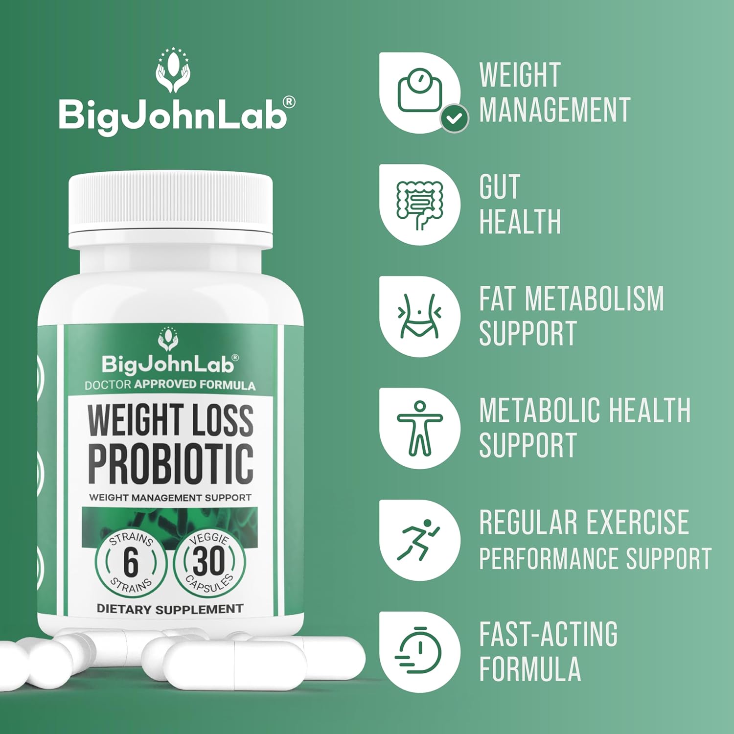 BIGJOHNLAB® - Probiotics for Weight Management & Bloating - 6 Probiotic Strains - Prebiotics - Key Ingredient Cayenne & Green Tea - Supports Gut Health - Weight Management for Women & Men - 30 CT - Image 4