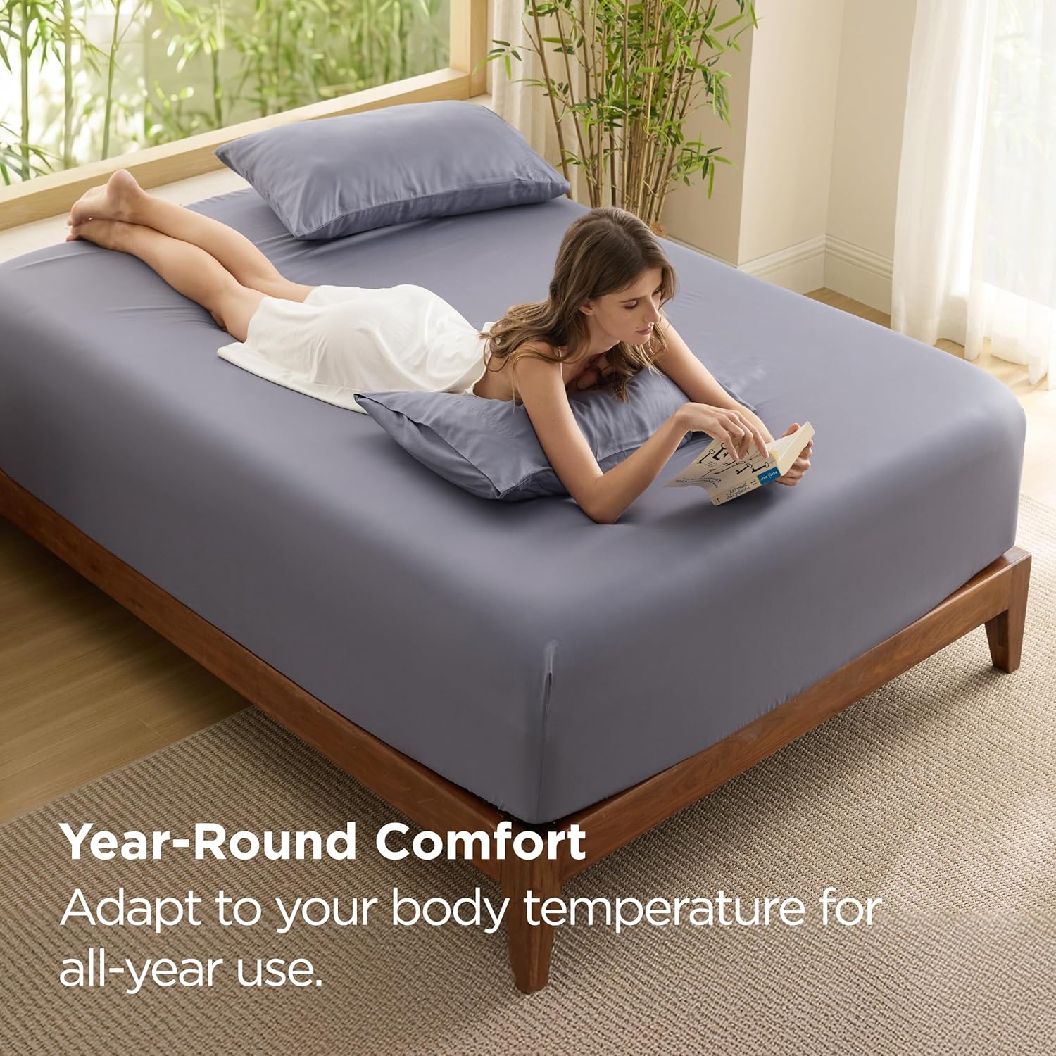 Bedsure Queen Fitted Sheet Only, 100% Rayon Derived from Bamboo, Breathable & Soft, PureWoven Cooling Bottom Sheet for Hot Sleepers, Deep Pocket Up to 18", with 4 Elastic Corner Straps, Grey - Image 5