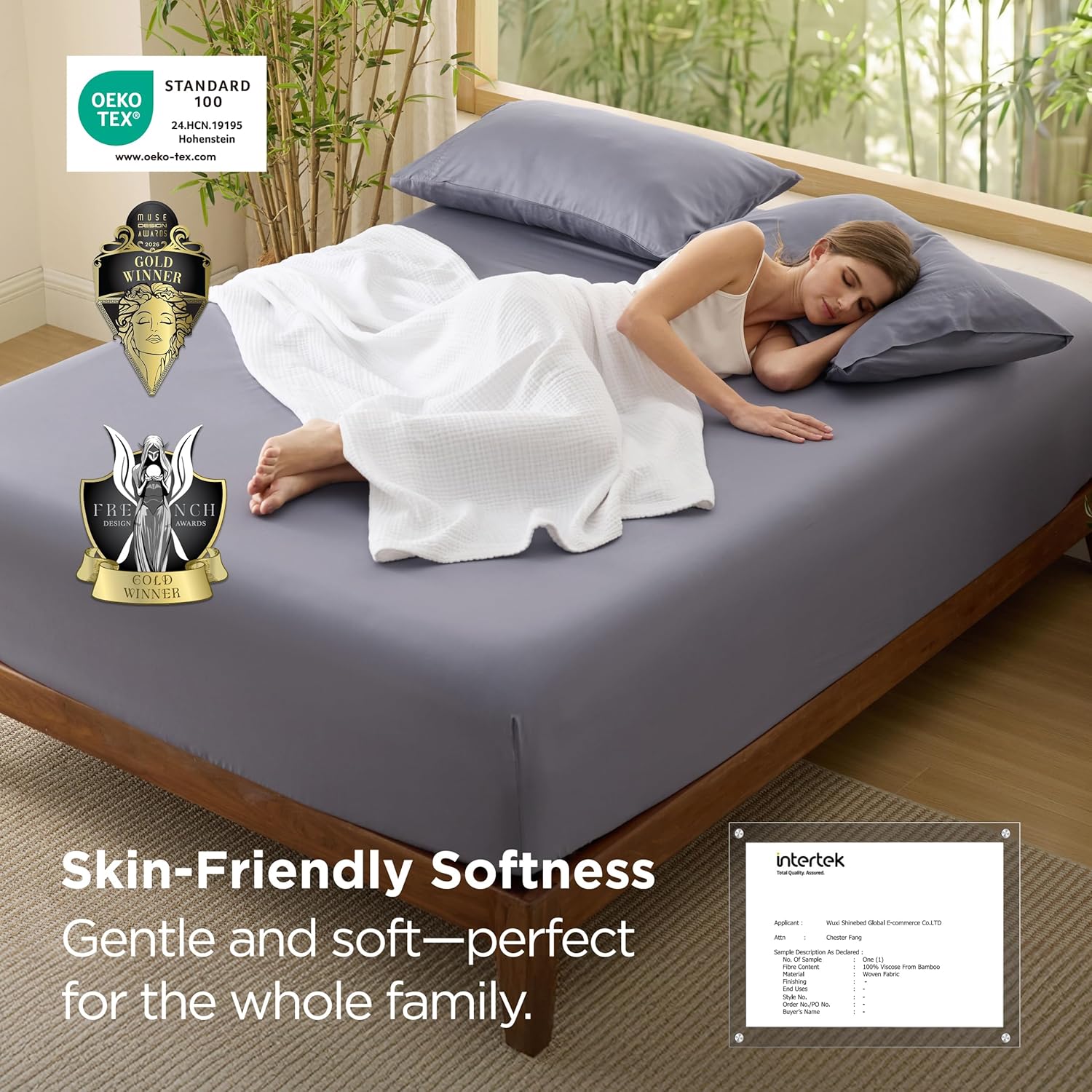 Bedsure Queen Fitted Sheet Only, 100% Rayon Derived from Bamboo, Breathable & Soft, PureWoven Cooling Bottom Sheet for Hot Sleepers, Deep Pocket Up to 18", with 4 Elastic Corner Straps, Grey - Image 4