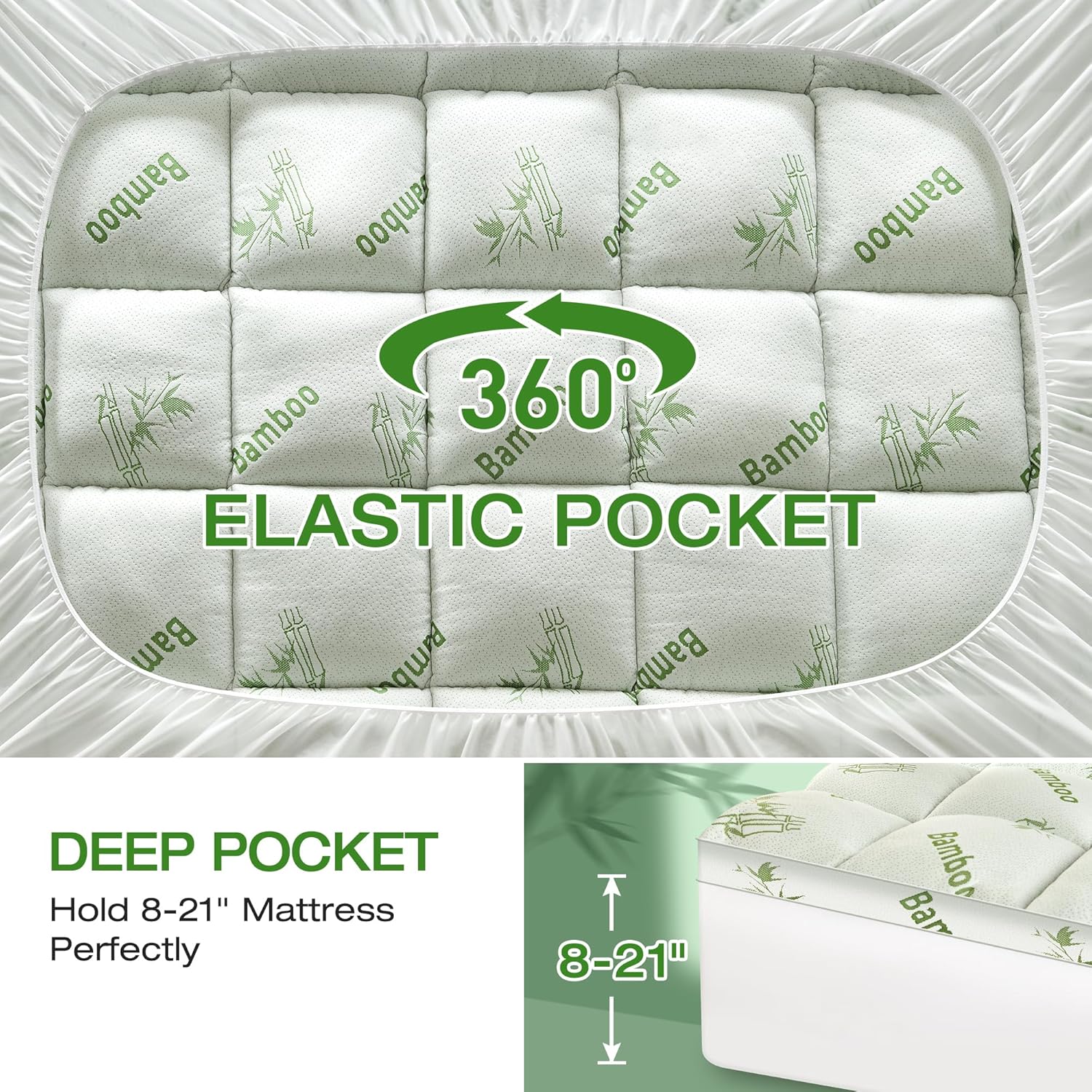 Mattress Topper Queen Size Viscose Derived from Bamboo, Thick Soft Pillow Top Mattress Pad Cover for Back Pain, Mattress Protector with 8-21 Inch Deep Pocket, White - Image 6