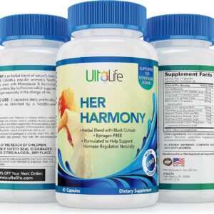 UltaLife Her Harmony Menopause Supplements for Women - Hot Flashes Menopause Relief & Hormone Balance for Women - Contains Black Cohosh, Dong Quai, Red Clover & More - Estrogen Free - 60 Capsules