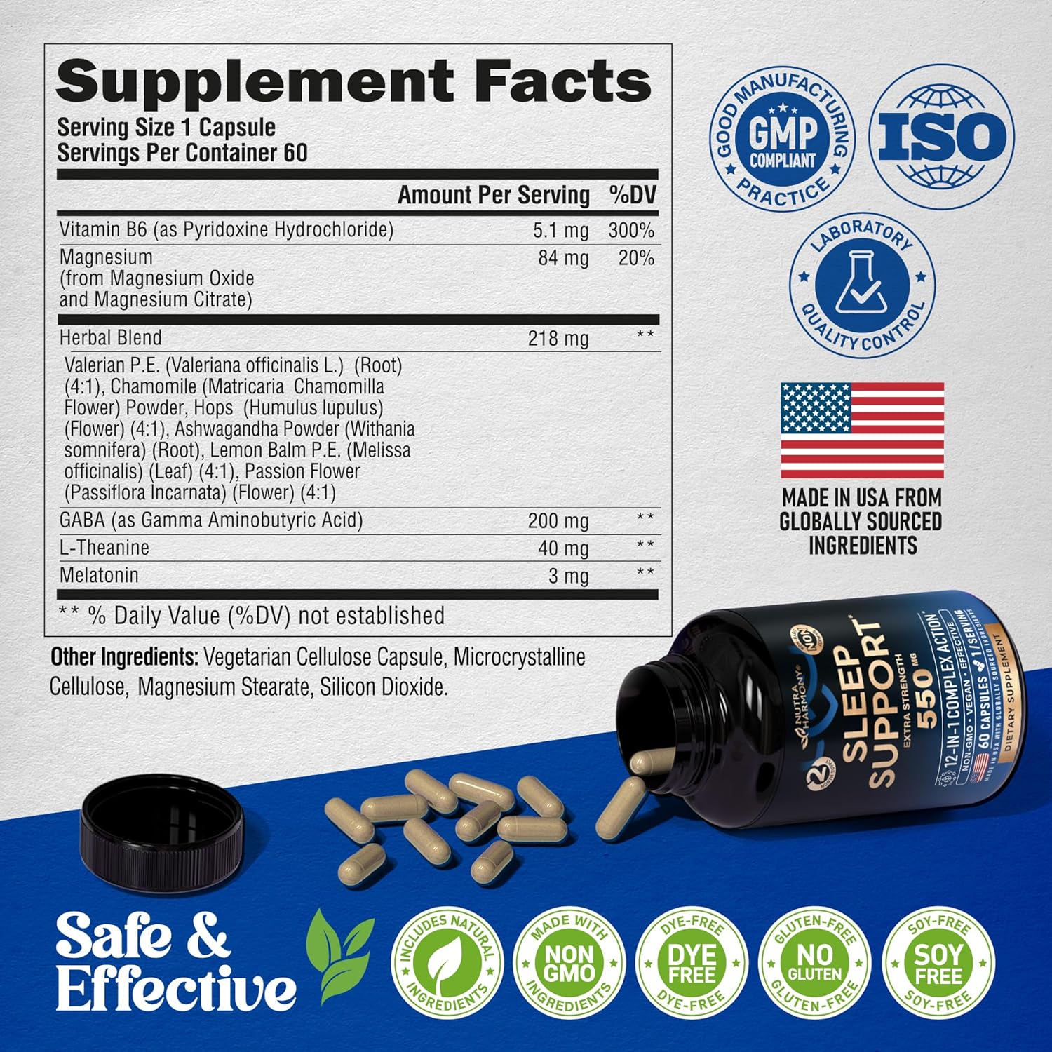 Sleeping Pills for Adults 550mg - Melatonin 3mg | Valerian Root for Sleep | L-Theanine | Magnesium - Natural Sleep Aid Supplement - Non-Habit Forming Rest Support - Made in USA - 1/day, 2 Month Supply - Image 7