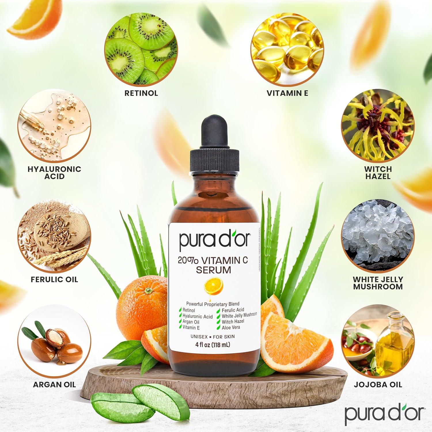 PURA D'OR 20% Vitamin C Facial Serum 4 Oz Antioxidant Blend w/Retinol, Hyaluronic Acid, Vitamin E, Ferulic Acid - Hydrating Lightweight Skincare Formula - Men Women Daily Use After Bath Oil Skin Care - Image 2