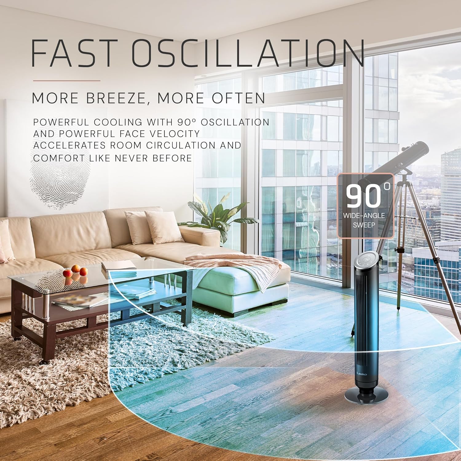 Lasko Ascend 36″ Tower Fan with Remote – Quiet Oscillating Floor Fan with Air Filter, 90° Oscillation, 29 ft/s Airflow, Smart Cooling for Bedroom & Home (Black, OST100) - Image 7
