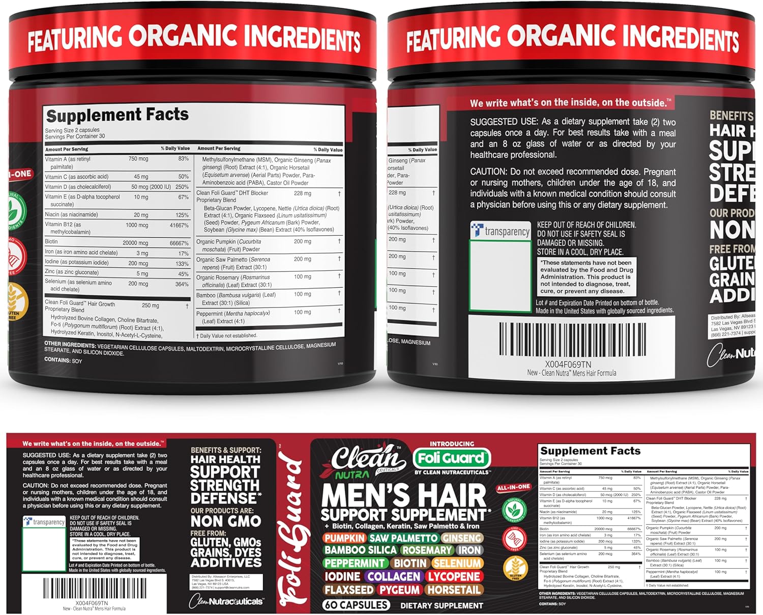 Hair Growth Supplement For Men | Biotin Hair Vitamins Collagen Pumpkin Seed Saw Palmetto Iron Ginseng Bamboo Silica Rosemary Peppermint Keratin Selenium Iodine Flaxseed Horsetail Vitamin A C D3 E B12 - Image 9