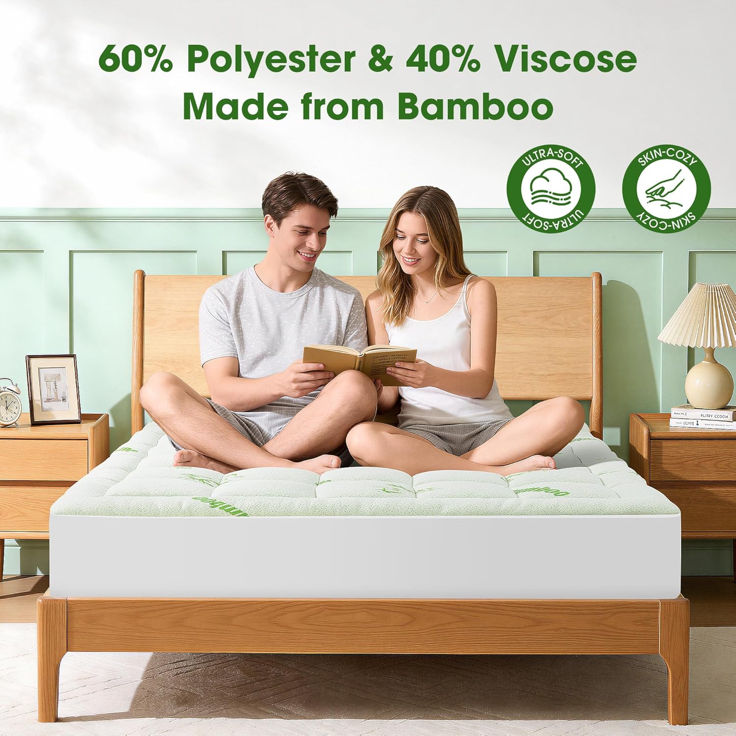 Mattress Pad Queen Size, Cooling Pillow Top Mattress Topper, Ultra Soft Viscose Made from Bamboo, Breathable for Hot Sleepers, Deep Pocket 8"-20", Green - Image 3
