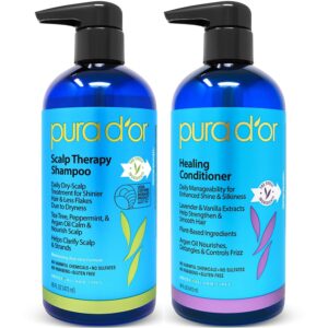 PURA D'OR Scalp Therapy Shampoo & Conditioner Set (16oz x 2) Dry, Itchy Scalp-Hydrates & Nourishes Hair w/Tea Tree, Peppermint, Argan Oil & Biotin, All Hair Type, Men Women (Packaging Varies)