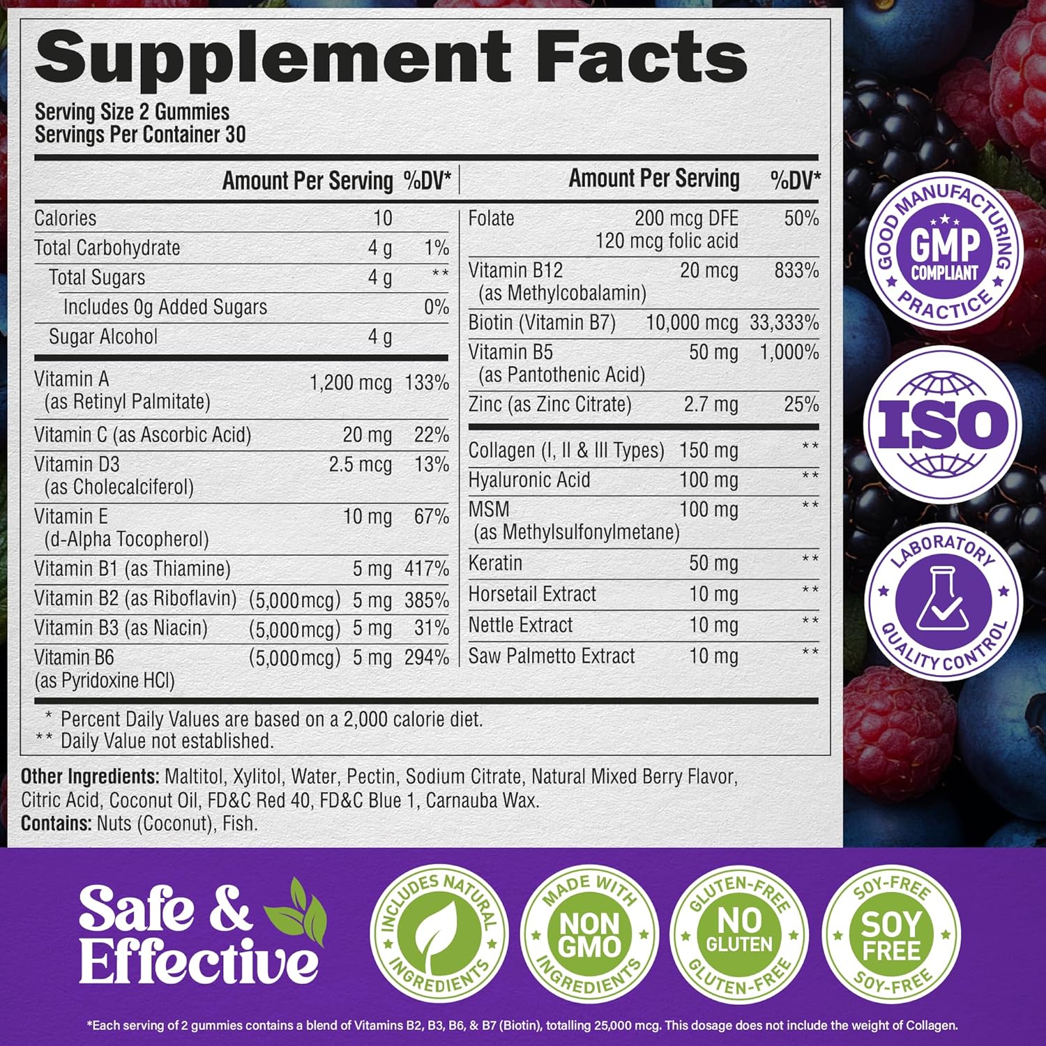 Biotin Gummies with Collagen - Hair Growth Support, Skin, & Nail Strength - for Women & Men - Biotin 10000mcg | Keratin | Hyaluronic Acid | B-Complex | Nettle - Sugar-Free, Mixed Berry - 60 Gummies - Image 8