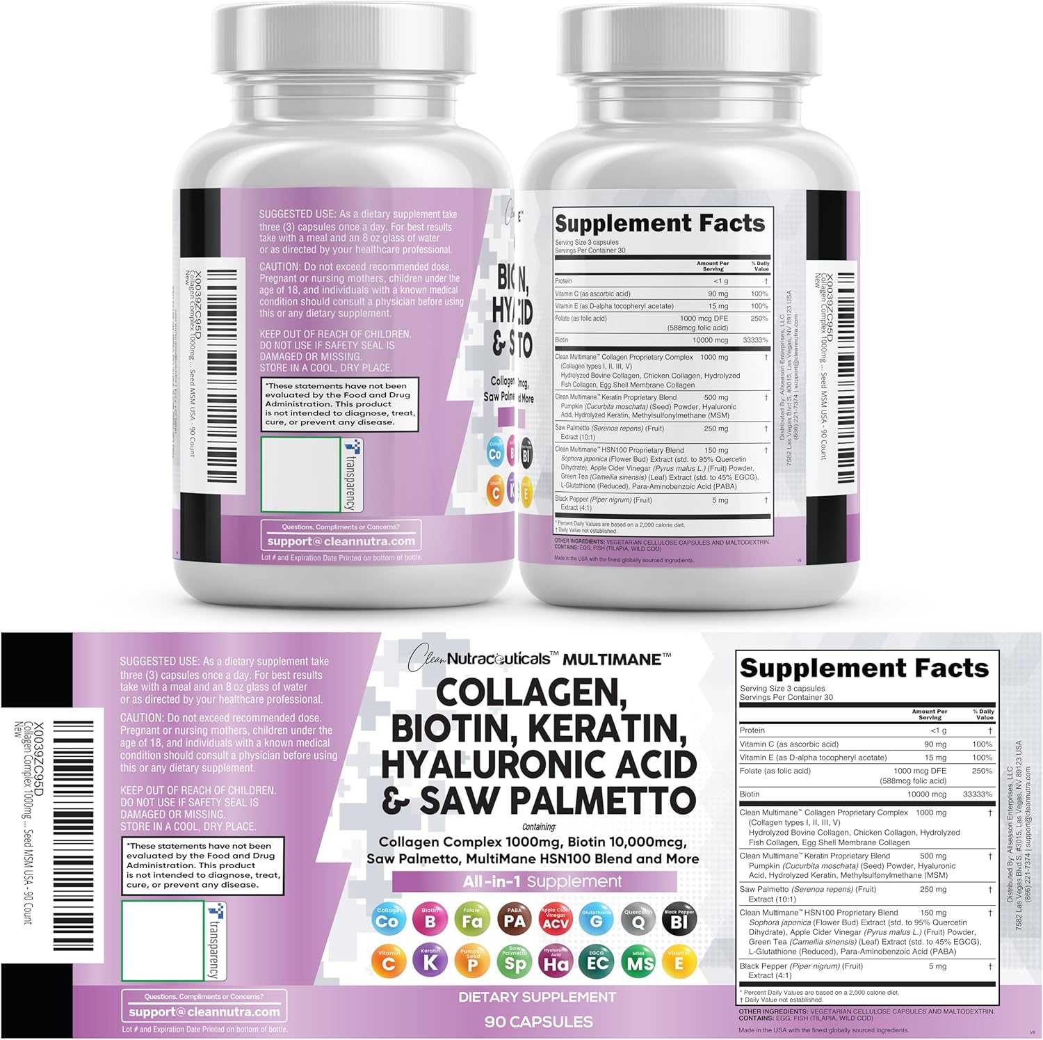 Clean Nutraceuticals Collagen Pills 1000mg Biotin 10000mcg Keratin Saw Palmetto Hyaluronic Acid - Hair Skin & Nails Vitamins & DHT Blocker with Vitamin E Folic Acid Pumpkin Seed MSM - 90 Count - Image 5