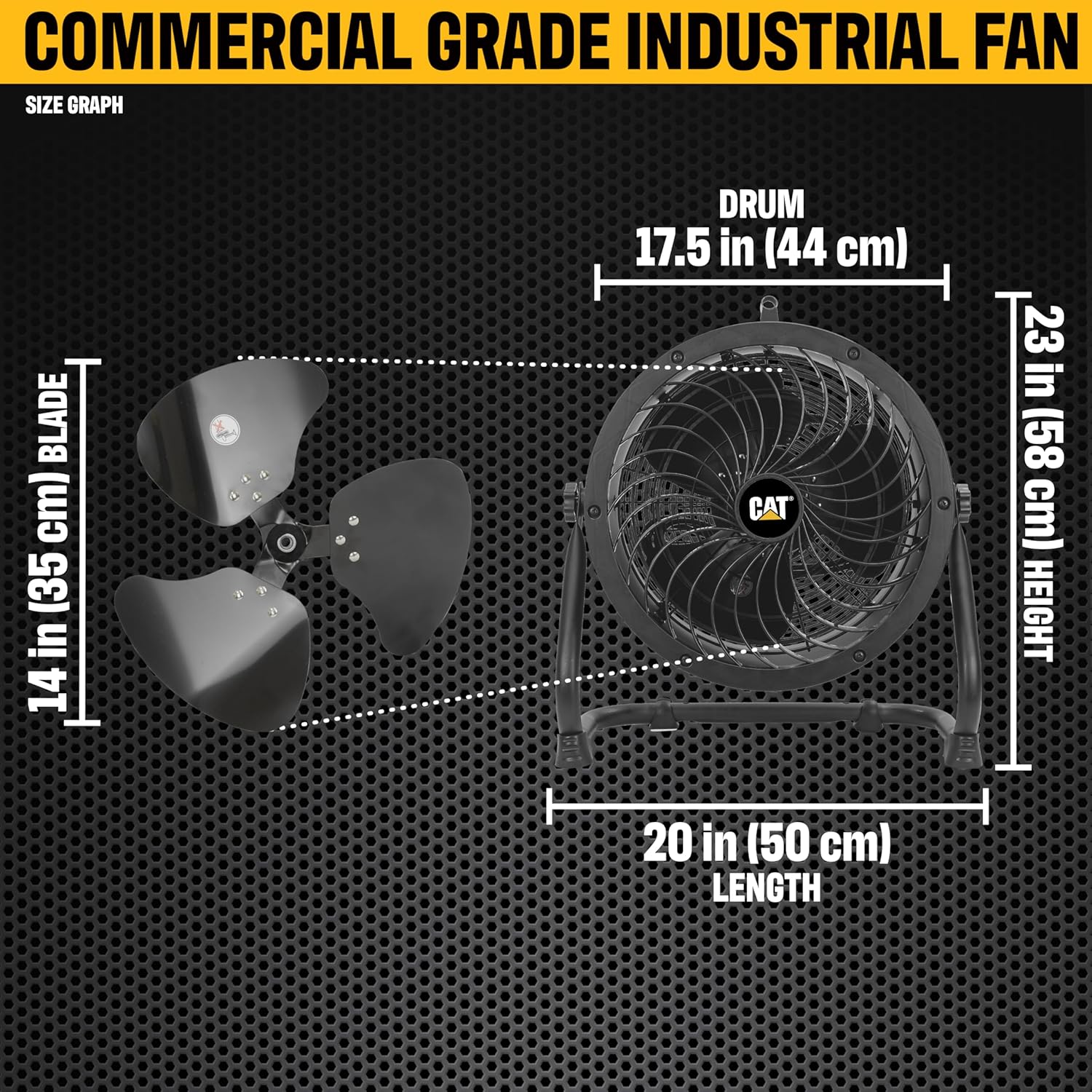 CAT fans - 14”-Blade High-Velocity Drum Fan Heavy Duty Industrial Grade (Black, 2-in-1): 2,300 CFM, 4-Speed, 360 Degree Adjustable Drum Head, Dual Ball Bearing Motor with Die-Cast Cover (HVD-14AC-BLK) - Image 2