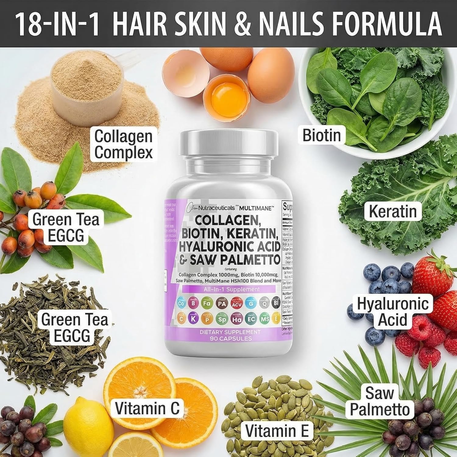 Clean Nutraceuticals Collagen Pills 1000mg Biotin 10000mcg Keratin Saw Palmetto Hyaluronic Acid - Hair Skin & Nails Vitamins & DHT Blocker with Vitamin E Folic Acid Pumpkin Seed MSM - 90 Count - Image 4