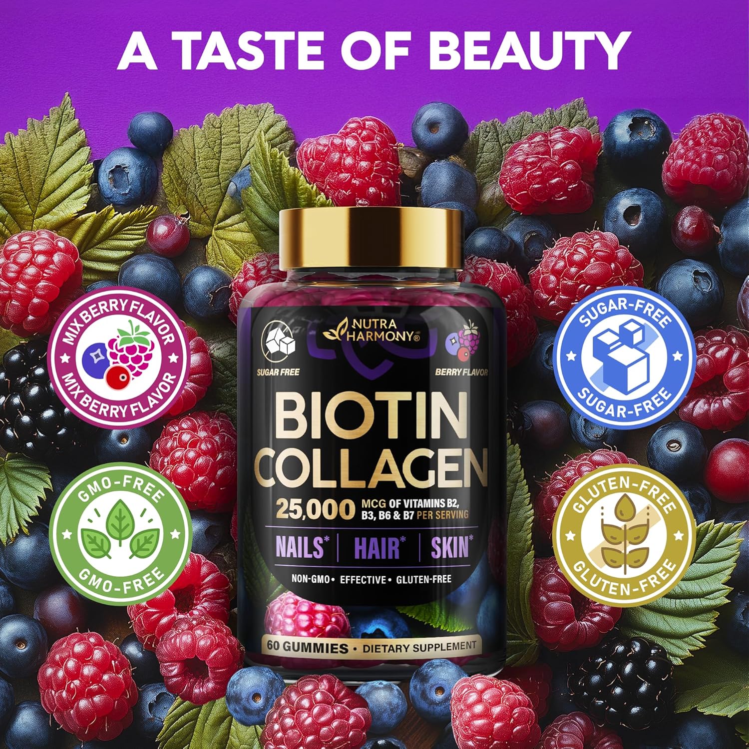 Biotin Gummies with Collagen - Hair Growth Support, Skin, & Nail Strength - for Women & Men - Biotin 10000mcg | Keratin | Hyaluronic Acid | B-Complex | Nettle - Sugar-Free, Mixed Berry - 60 Gummies - Image 6