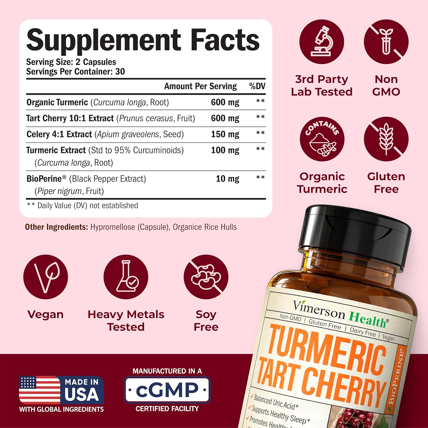Tart Cherry Capsules – 4-in-1 Turmeric Tart Cherry Supplement for Uric Acid Balance & Joint Health – 10:1 Tart Cherry Extract Capsules with Celery Seed, Turmeric Curcumin & Black Pepper – 2 Pack - Image 3