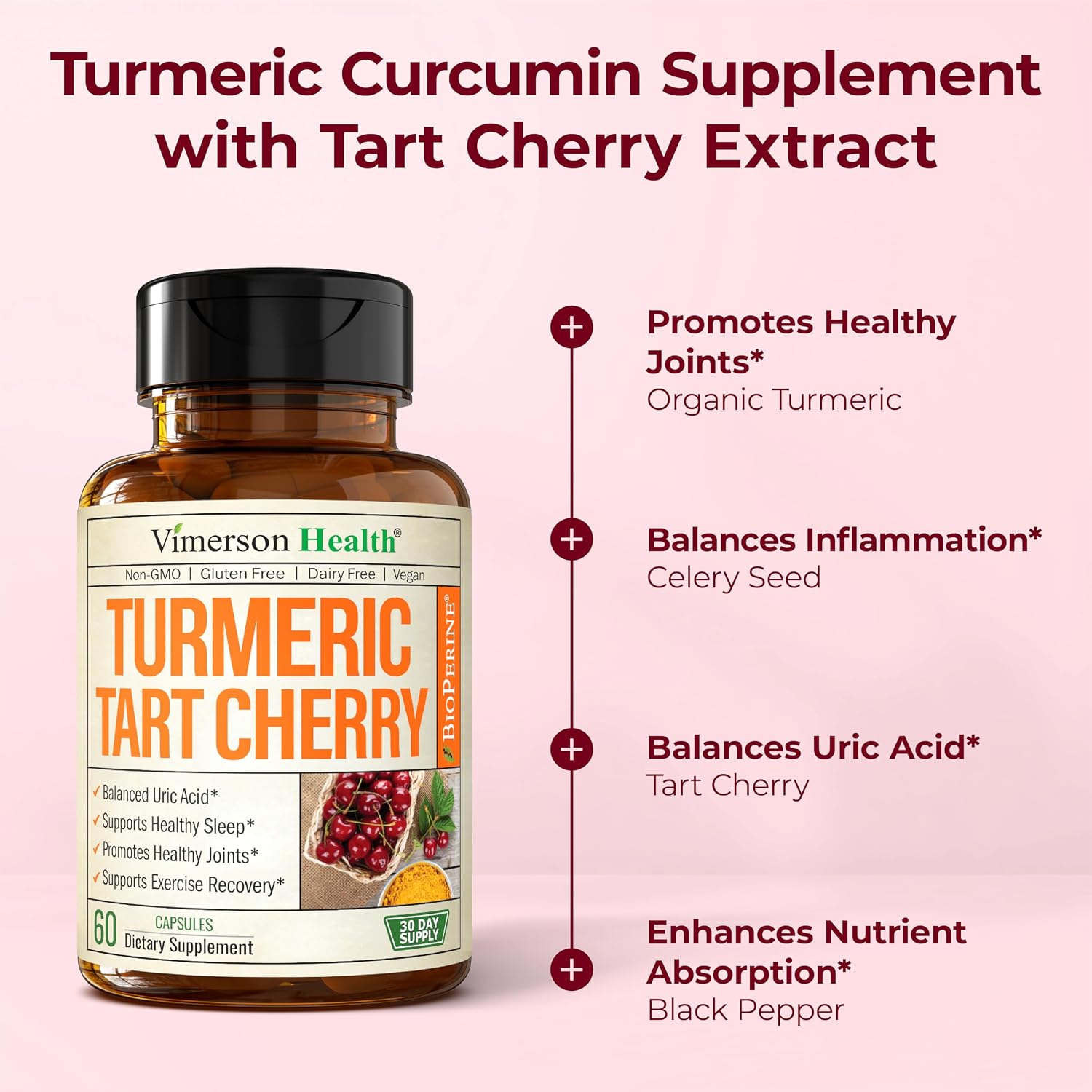 Tart Cherry Capsules – 4-in-1 Turmeric Tart Cherry Supplement for Uric Acid Balance & Joint Health – 10:1 Tart Cherry Extract Capsules with Celery Seed, Turmeric Curcumin & Black Pepper – 2 Pack - Image 5