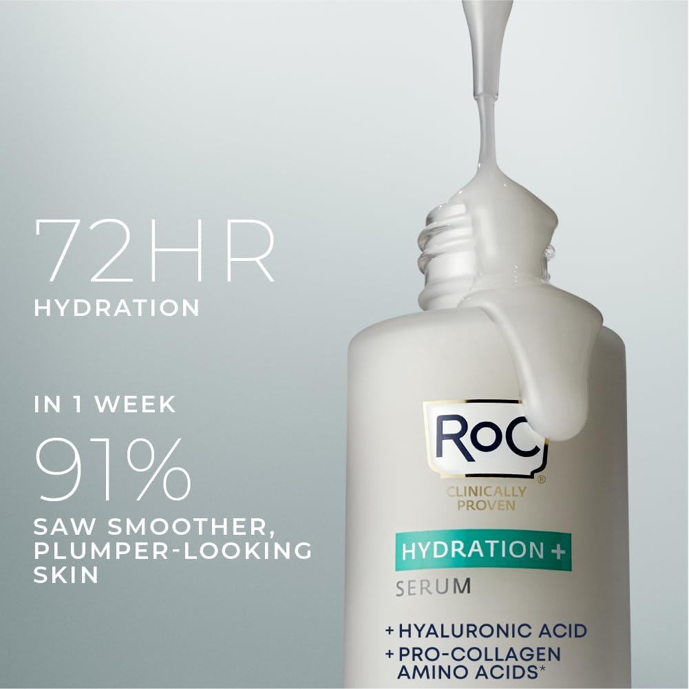 RoC Hydration+ Hyaluronic Acid Serum for Face, Hydrating, Plumping, Fragrance Free, Lightweight Formula with Collagen Proteins (1 Ounce) with Retinol Eye Cream Packette - Image 3