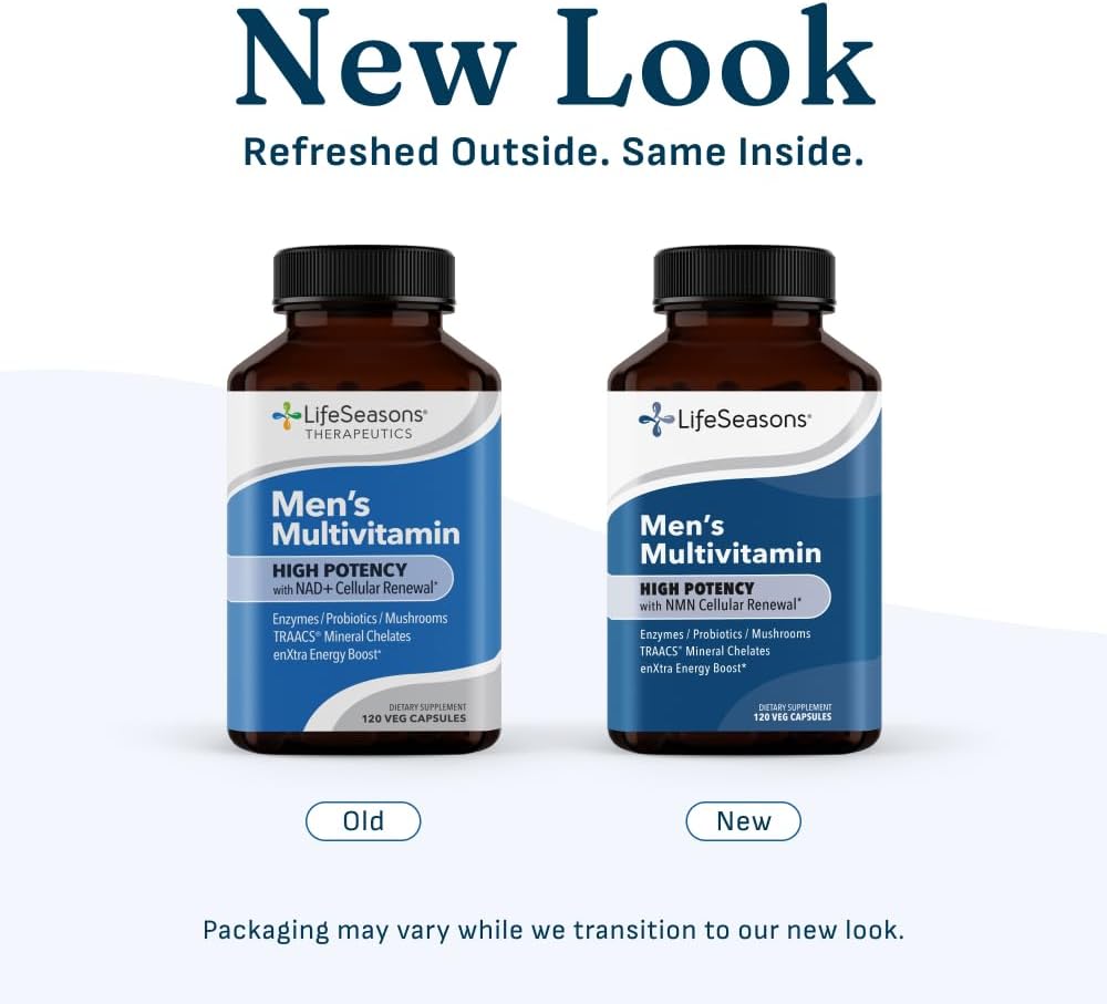 LifeSeasons Men's Multivitamin – High Potency with 21 Vitamins & Minerals, PureWay-C®, NAD+, Active B-Vitamins, TRAACS® Chelates, enXtra® for Energy, Probiotics & Mushrooms – 120 Veg Capsules - Image 6