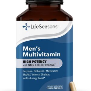 LifeSeasons Men's Multivitamin – High Potency with 21 Vitamins & Minerals, PureWay-C®, NAD+, Active B-Vitamins, TRAACS® Chelates, enXtra® for Energy, Probiotics & Mushrooms – 120 Veg Capsules