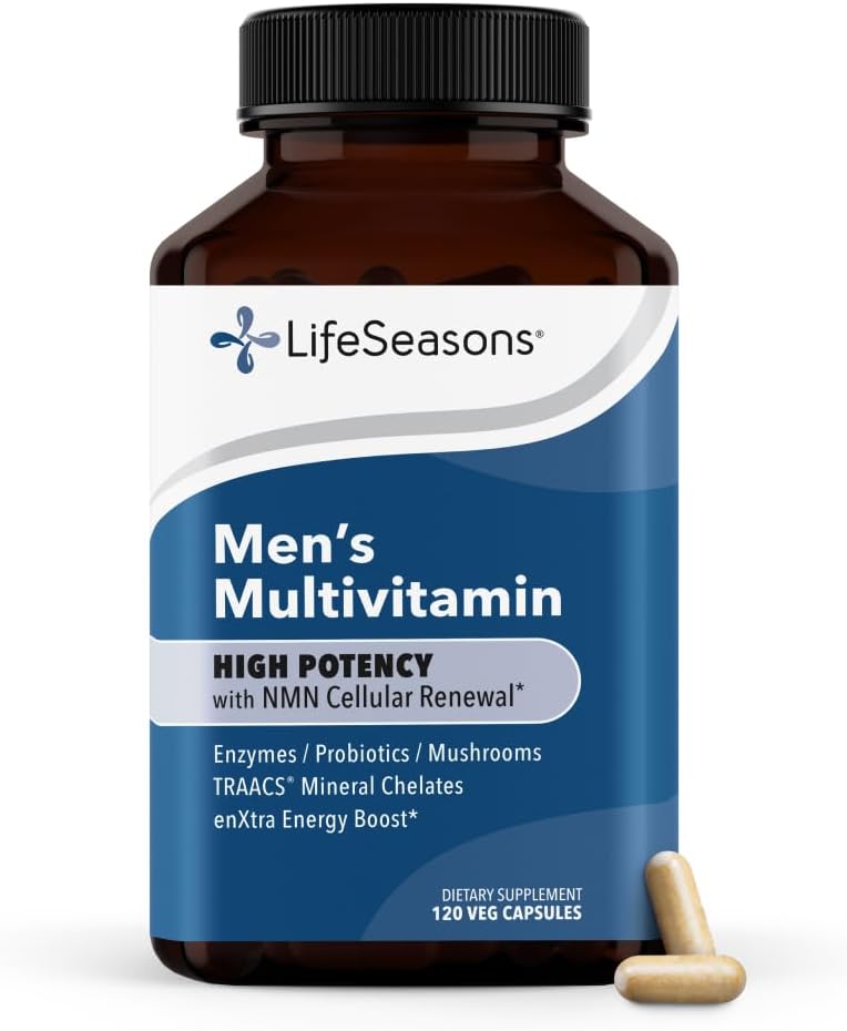 LifeSeasons Men's Multivitamin – High Potency with 21 Vitamins & Minerals, PureWay-C®, NAD+, Active B-Vitamins, TRAACS® Chelates, enXtra® for Energy, Probiotics & Mushrooms – 120 Veg Capsules