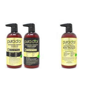 PURA D'OR Anti-Thinning Advanced Therapy Biotin Shampoo & Conditioner Hair Care Set & Original Gold Label Anti-Thinning Biotin Shampoo Natural Earthy Scent