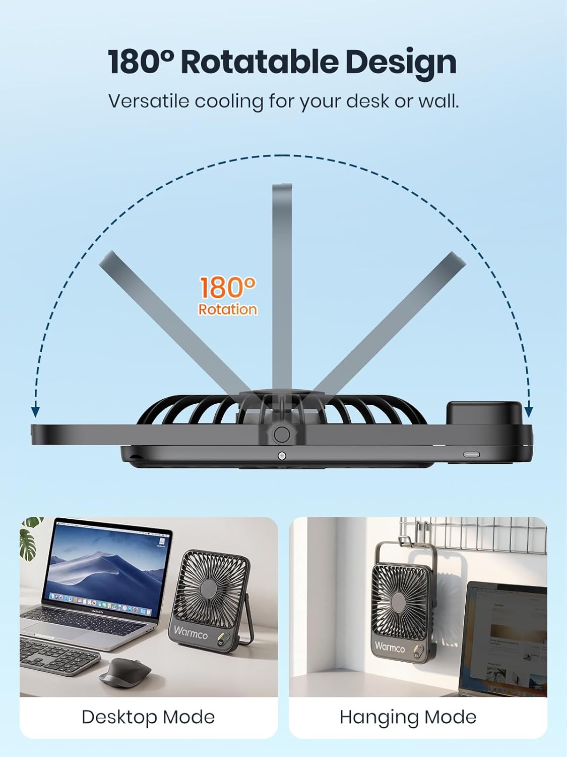 Warmco 10000mAh Portable Travel Fan 7-inch, Up to 24H Runtime, Ultra-thin Quiet Rechargeable Battery Operated Desk Fan with Digital Display for Camping, Office, Bedroom, Cruise Essentials - Image 7