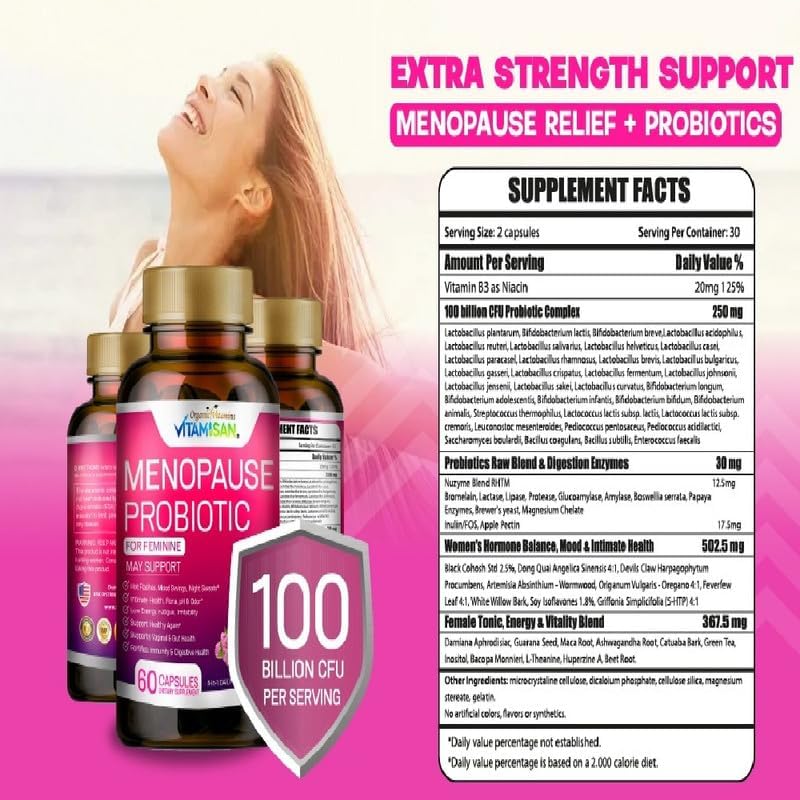 VITAMISAN Menopause Support Probiotic 2 Pack – 100 Billion CFU with Black Cohosh & Ashwagandha – Hormone-Free Prebiotics & Probiotics for Women – Feminine Care, pH Balance & Mood Support - Image 3