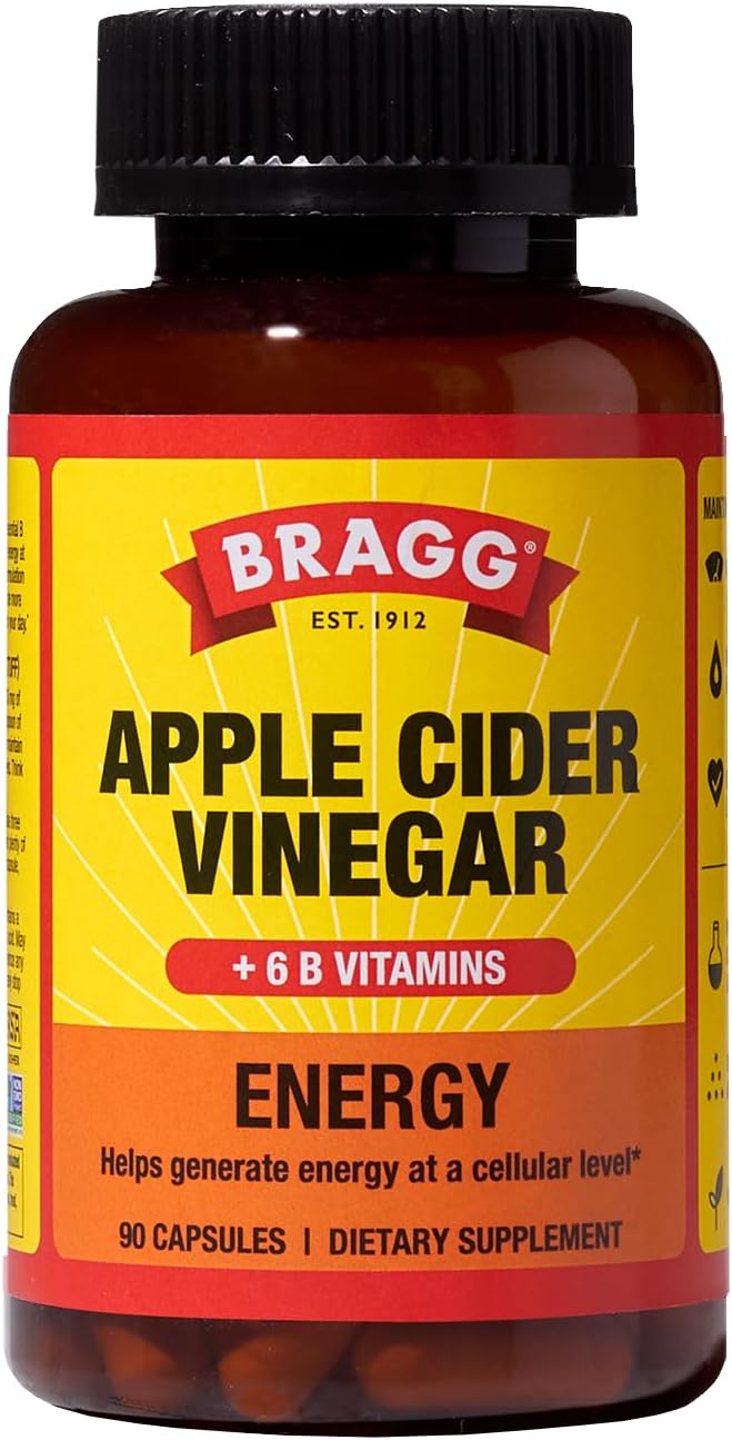 Bragg Energy Apple Cider Vinegar Capsules with B-12 Vitamins - 90 Capsules - Weight Management - Non-GMO, Vegan, Gluten Free, No Sugar - Helps Generate Energy at Cellular Level for Men and Women