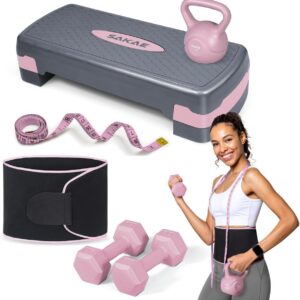 Adjustable Height Aerobic Stepper Set, Multiple Bundle Options with Dumbbells, Kettlebell, Waist Trimmer, Ankle Weights or Weighted Vest, Workout Exercise Step Platform w/Level Risers, 4 Colors