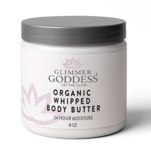 GLIMMER GODDESS Organic Whipped Body Butter for Women - Moisturizer Cream with Shea & Cocoa Butter, Almonds & Coconut Oil - Peach Belini, 8oz