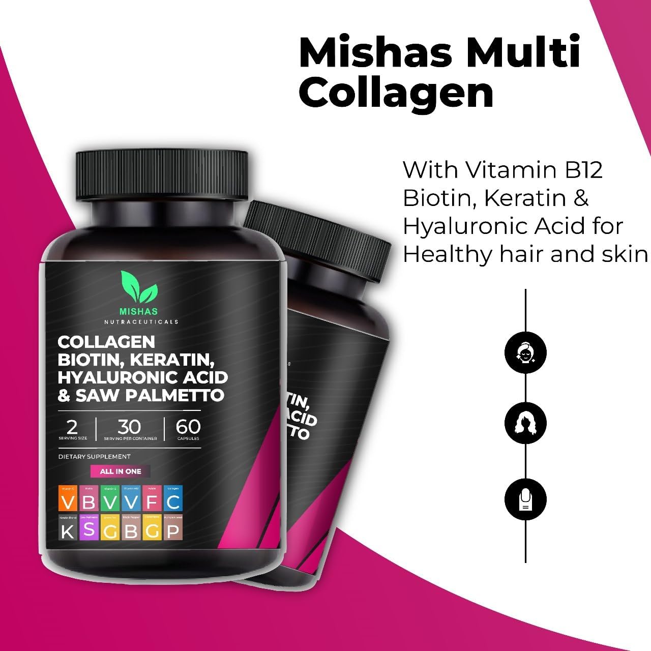 Multi Collagen Hair Pills - Biotin 10,000mcg, Keratin & Hyaluronic Acid - Hair Growth - Hair Skin & Nails Vitamins & DHT Blocker - Vitamin E Folic Acid Pumpkin Seed MSM, Saw Palmetto 60 Vegan Capsules - Image 8