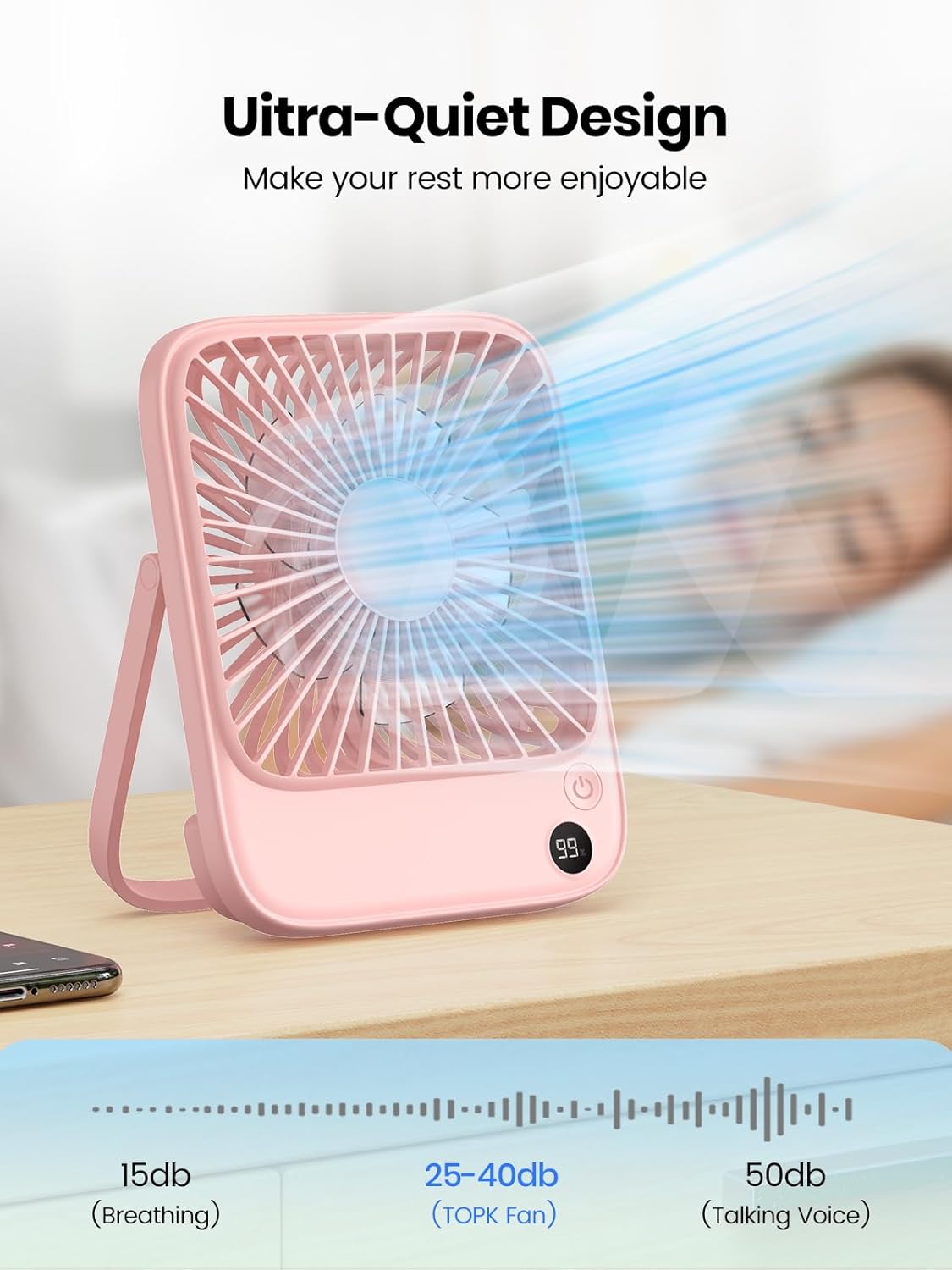 TOPK 2 Pack 5000mAh Portable Desk Fan, Ultra-Thin Rechargeable Battery Operated Fan with Digital Display, Quiet 4-Speed Small Personal Travel Fans for Office, Bedroom, Cruise, Outdoor - Image 6