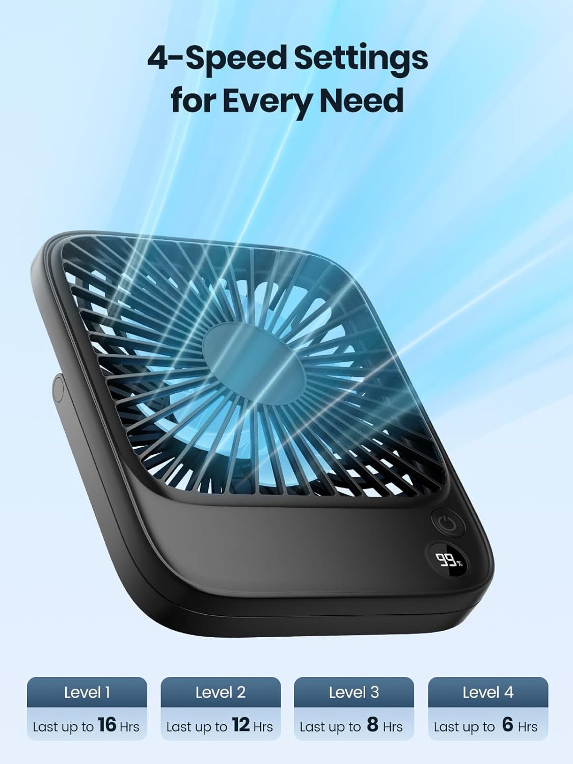 TOPK 2 Pack 5000mAh Portable Desk Fan, Ultra-Thin Rechargeable Battery Operated Fan with Digital Display, Quiet 4-Speed Small Personal Travel Fans for Office, Bedroom, Cruise, Outdoor - Image 3