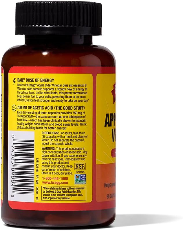 Bragg Energy Apple Cider Vinegar Capsules with B-12 Vitamins - 90 Capsules - Weight Management - Non-GMO, Vegan, Gluten Free, No Sugar - Helps Generate Energy at Cellular Level for Men and Women - Image 10
