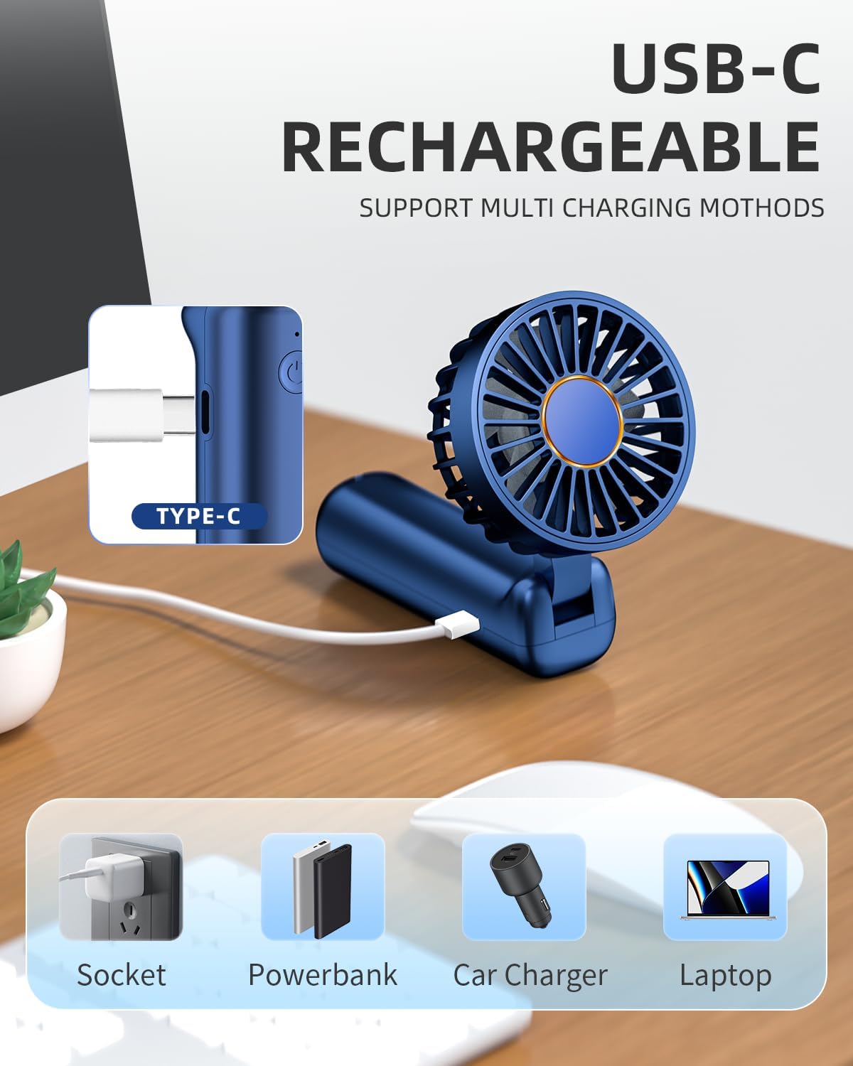 FrSara Portable Handheld Fan Rechargeable, Small Mini Folding Desk Fan Upgraded Wind Power, 3-Speed, 2000mAh Long Battery Life, Quiet, Portable, Suitable for Outdoor Travel, Blue - Image 4