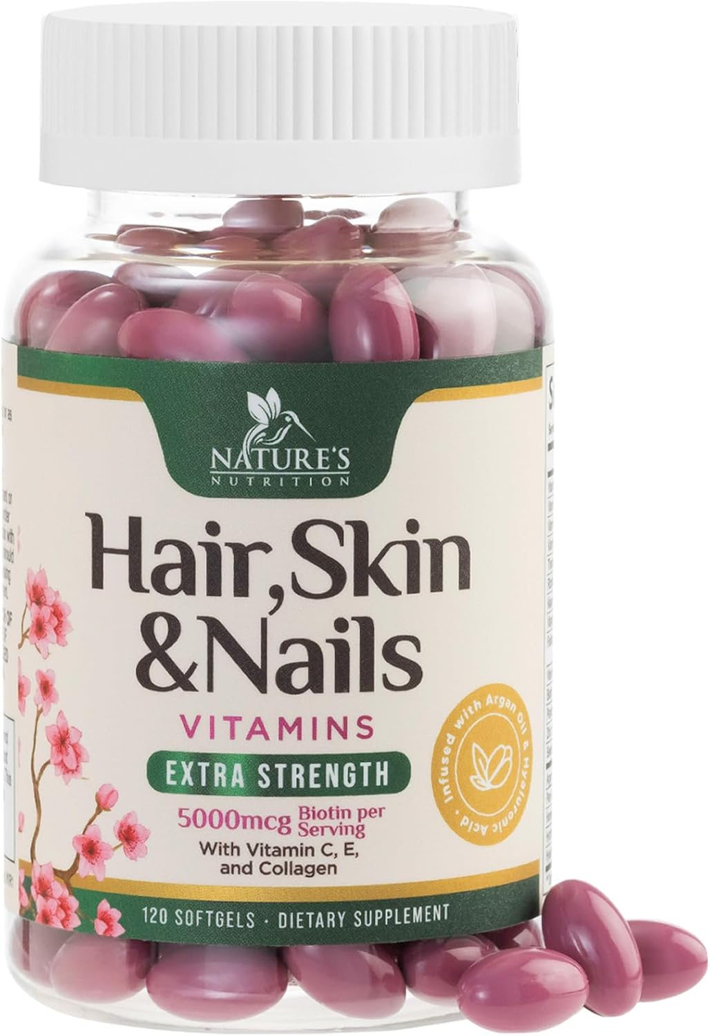 Hair Skin and Nails Vitamins for Hair Growth - Biotin 5000mcg Per Serving - Extra Strength Collagen, Argan Oil & Hyaluronic Acid - Best Beauty Supplement for Women & Men - USA Bottled - 120 Softgels