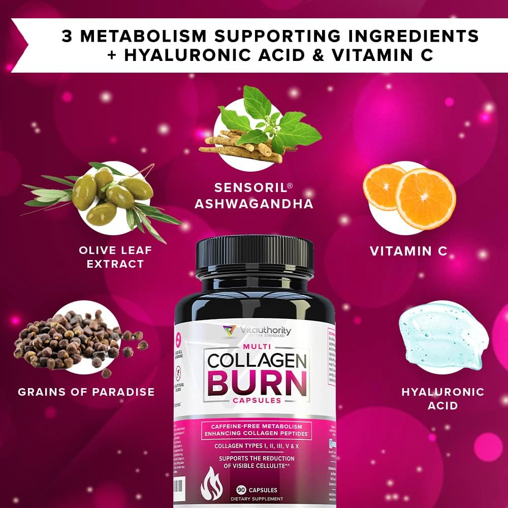 Multi Collagen Burn: Multi-Type Hydrolyzed Protein Peptides with Hyaluronic Acid, Vitamin C, SOD B Dimpless, Types I, II, III, V and X, Caffeine-Free (Unflavored Capsules) - Image 8