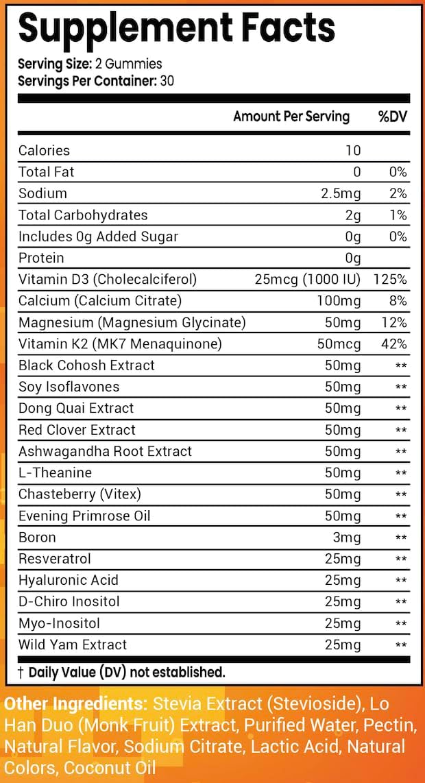 Sugar Free Menopause Support Gummies for Women D-Chiro Myo Inositol Black Cohosh Dong Quai Vitamin D3 K2 - Hormone Balance, PMS, Hot Flash & Night Sweat Relief Perimenopause Water Retention Debloating - Image 6