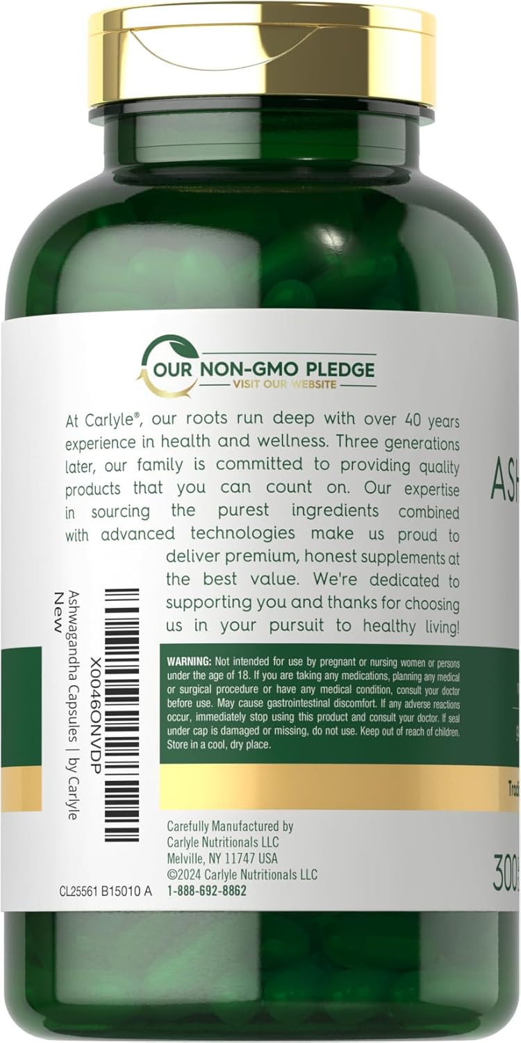 Carlyle Ashwagandha Supplement for Women and Men | 300 Capsules | Herb Root Extract with Black Pepper | Non-GMO and Gluten Free - Image 3