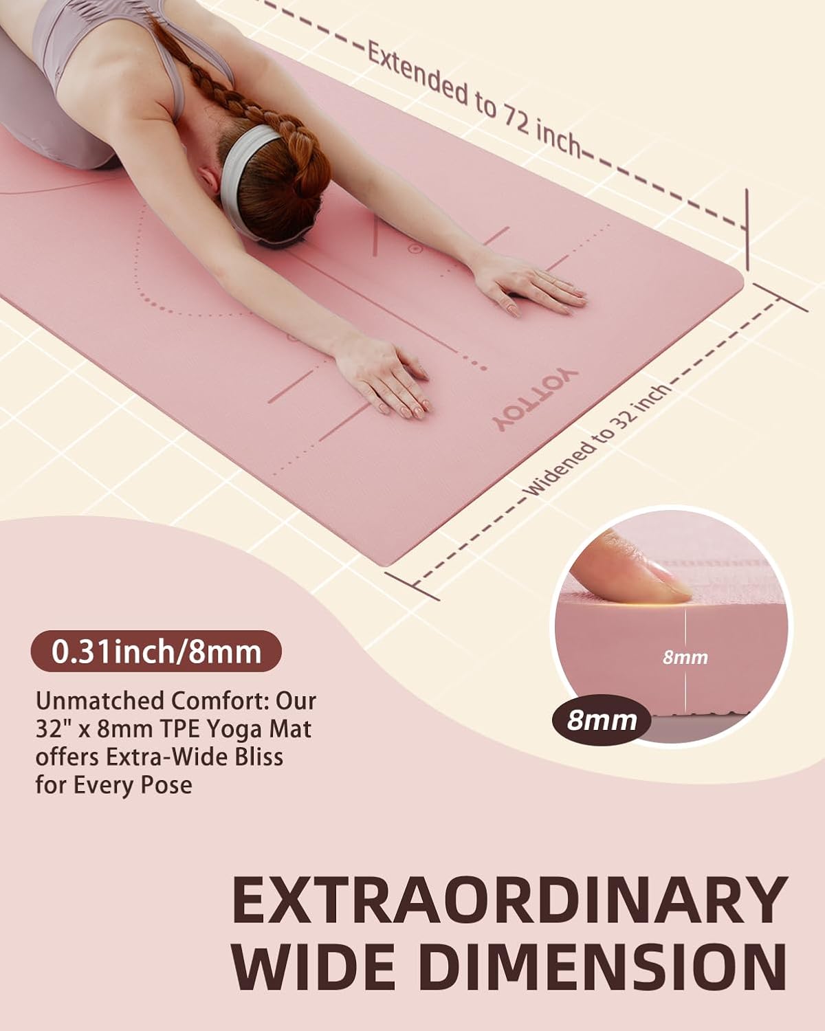 YOTTOY Yoga Mat, 72"x 32"x1/3" Extra Wide Non-Slip Exercise Fitness Yoga Mats,Eco-Friendly TPE Exercise Mats for Women Men Home Workout with Strap Bag - Image 2