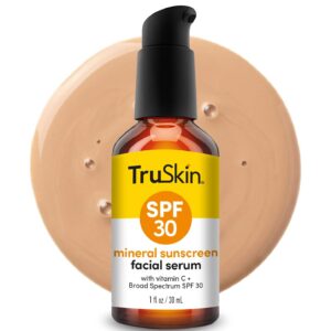 TruSkin Sunscreen Serum for Face - SPF 30 Universal Tinted Mineral Sunscreen Face Serum with Zinc Oxide - Sheer, Lightweight Finish with Vitamin C, Hyaluronic Acid, Ceramides & Niacinamide, 1 fl oz