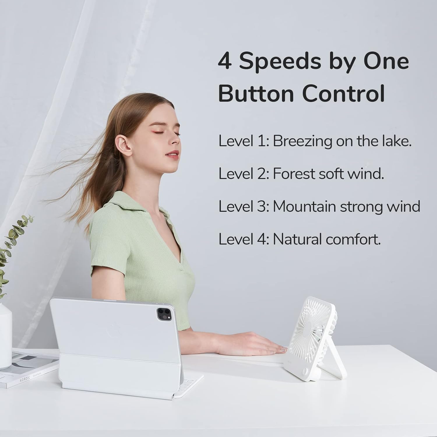 JISULIFE Desk Fan Battery Rechargeable, 4500mAh 180°Foldable Portable Personal Fan, 4 Speeds Adjustable Long Battery-life for Home Office Travel Outdoor Gifts for Women Men-White - Image 2