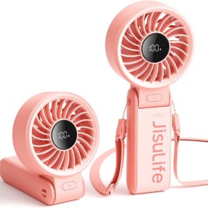 JISULIFE Handheld Fan Life7 – Ultimate Flexibility: Wide & Strong Airflow, 19.5H Max Cooling, 5000mAh Rechargeable, 5-Speed, LED Display, 3 IN 1 Portable Fan for Travel, Concerts, Sports Events(Pink)