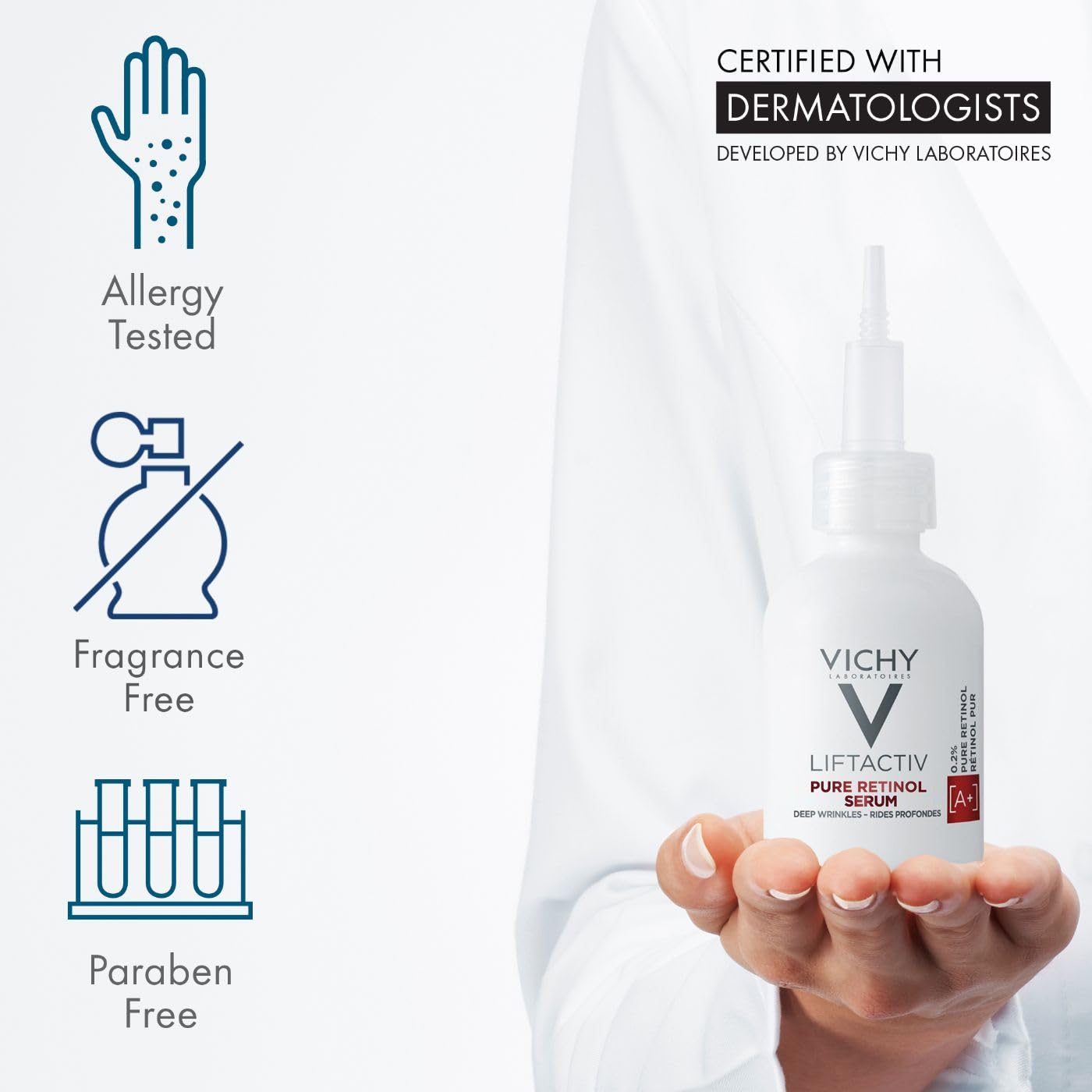 Vichy LiftActiv Pure Retinol Serum for Face, Anti-Aging Face Serum for Wrinkles & Fine Lines, .2% Retinol + Peptides, Resurfaces Skin Sexture To Smooth & Firm Skin, 1 Fl. Oz. - Image 5
