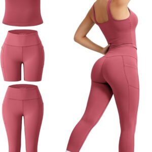 UOUA 3 Piece Workout Sets for Women High Waisted Butt Lifting Leggings Tummy Control Yoga Pants with Sports Bra Biker Shorts