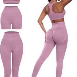 3 Piece Workout Sets for Women Butt Lifting Leggings with High Impact Sports Bra Gym Shorts