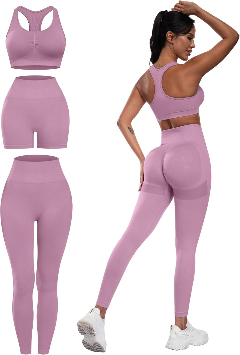 3 Piece Workout Sets for Women Butt Lifting Leggings with High Impact Sports Bra Gym Shorts