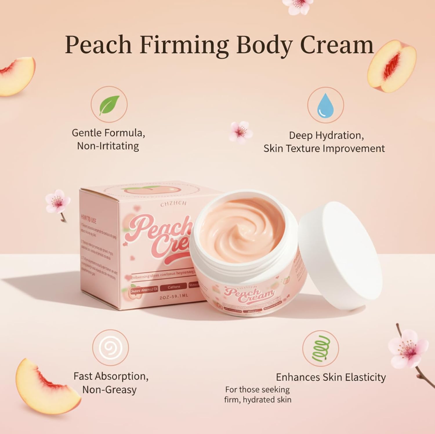 Peach Firming Body Cream - Skin Tightening Lotion Support for Sagging Skin & Cellulite Appearance, Hydrating, Fast-Absorbing Formula, for Legs, Thighs, Hips, Arms, Belly & Butt, 2 fl oz - Image 4
