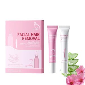 2-Step Gentle Facial Hair Removal Kit for Women, Facial Depilatory Cream + Aloe Vera Soothing Repair Gel, For Peach Fuzz Upper Lip Cheek Chin,Mild For Sensitive Facial Skin